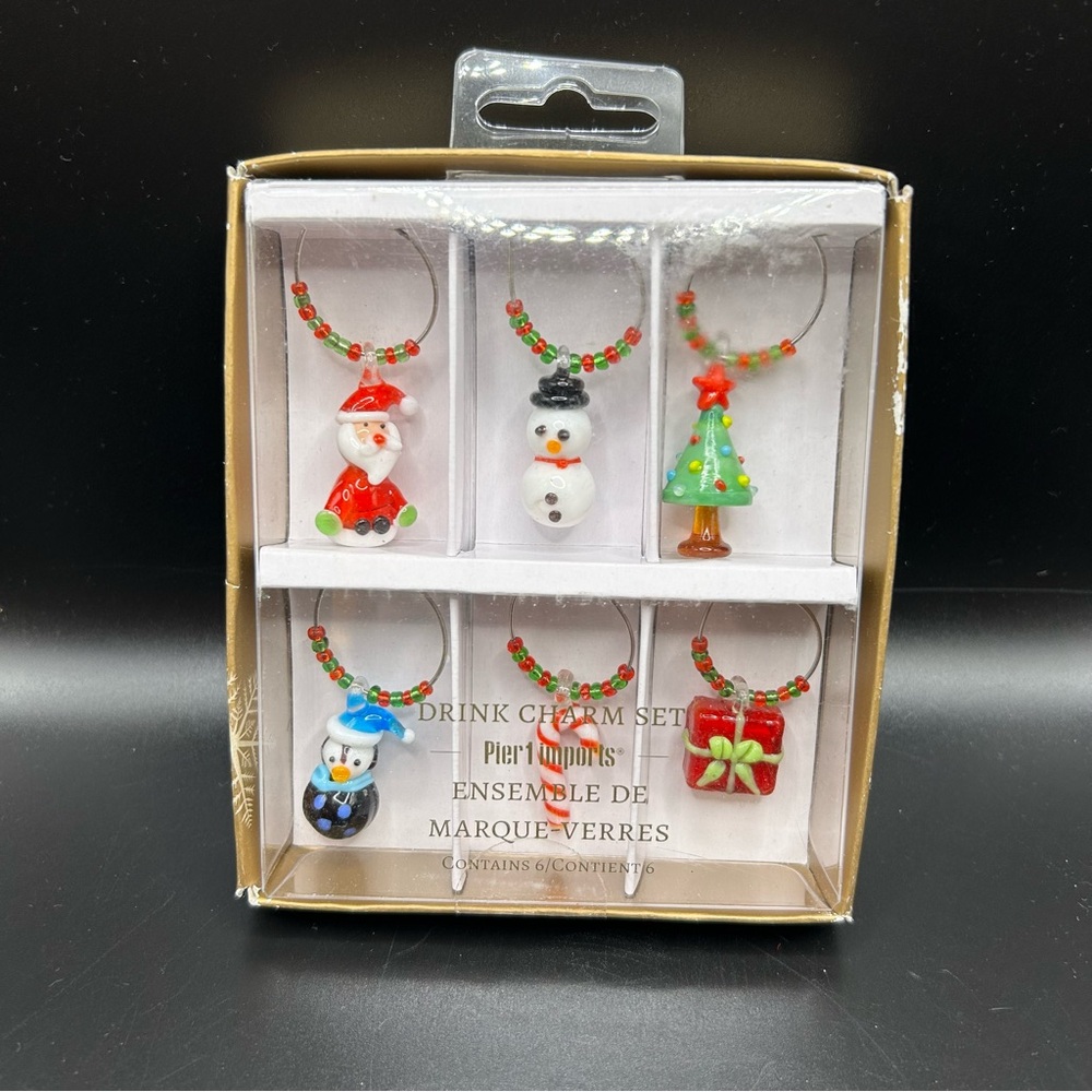 Pier 1 Imports Glass Christmas Holiday Drink Wine Charms Marque-Verres